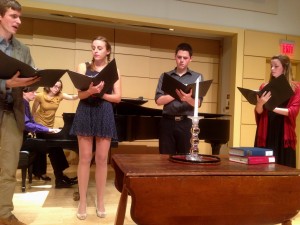 Turning Leaves, Scene 1 (L to R: Peter Christian, Kiera Kradzinski, Cameron Mast, and Natalie Gilbert)